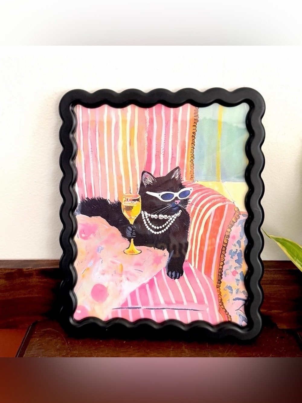 Black Cat Sipping Wine Luxurious Kitty Canvas Art Print Black Wavy Framed Art